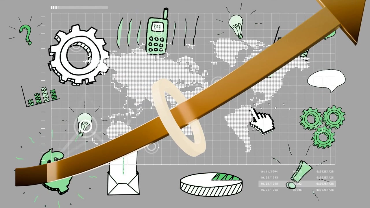 Sketched icons appearing prompt golden bar growing into arrow while ring rotating showing growth