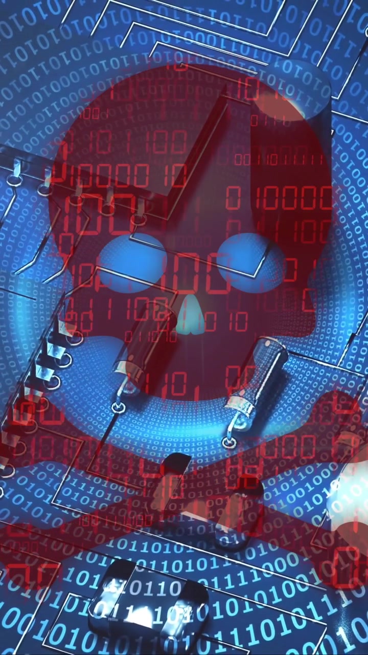 Animation af kranium og knogler, binær kodning og databehandling over computerservere