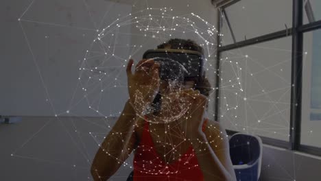 Animation-of-globe-of-network-of-connections-over-woman-wearing-vr-headset