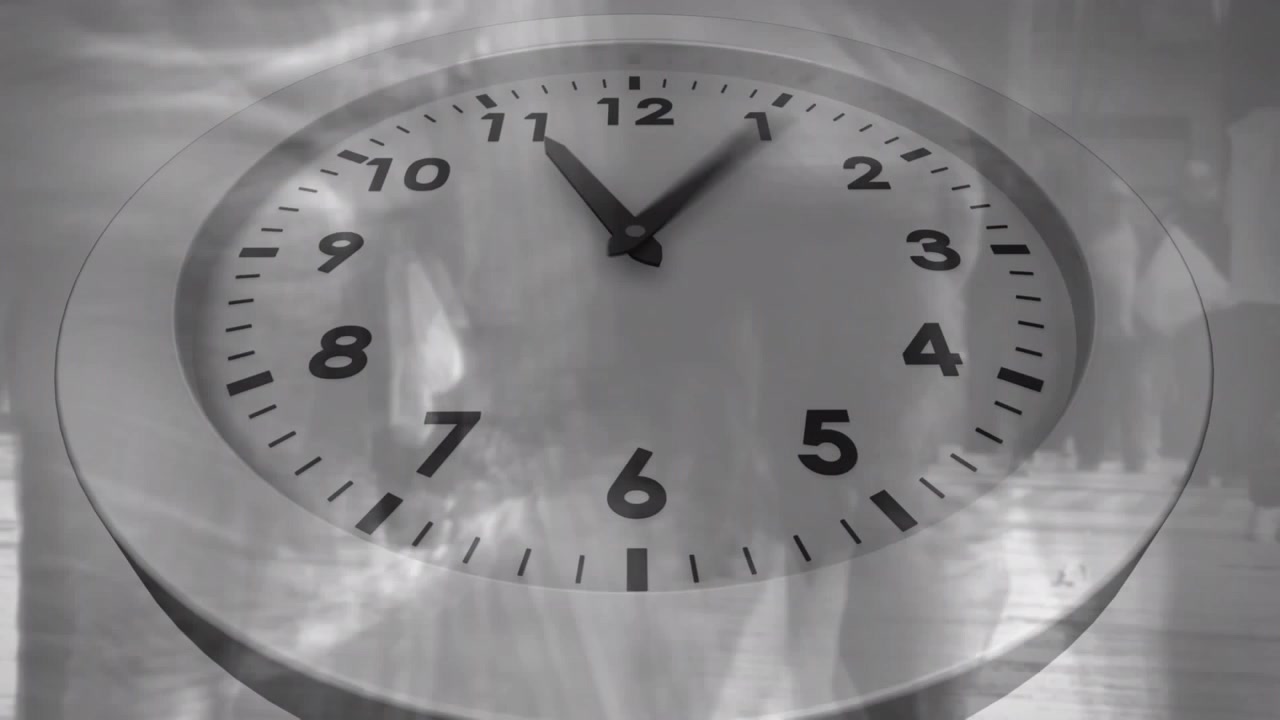 Animation of clock moving over people walking