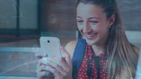 animación del procesamiento de datos financieros sobre una mujer caucásica que usa un teléfono inteligente