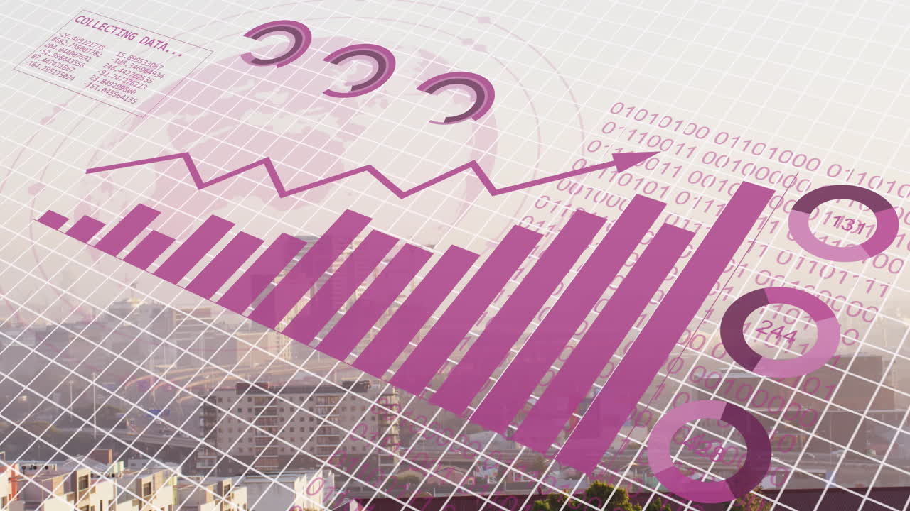 Animation of financial data processing over cityscape