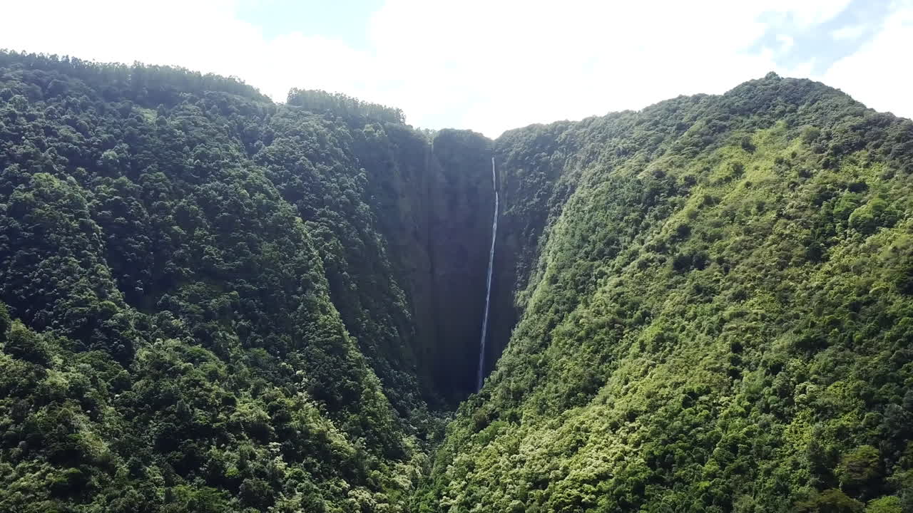 antena de cascada alta y exuberantes colinas verdes en el valle de waipio, hawaii