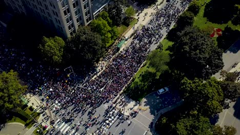 large group of people flows through downtown toronto, aerial drone pan. lots of protesters with democratic free speech signs walk on city roads together, wide daytime exterior in 4k