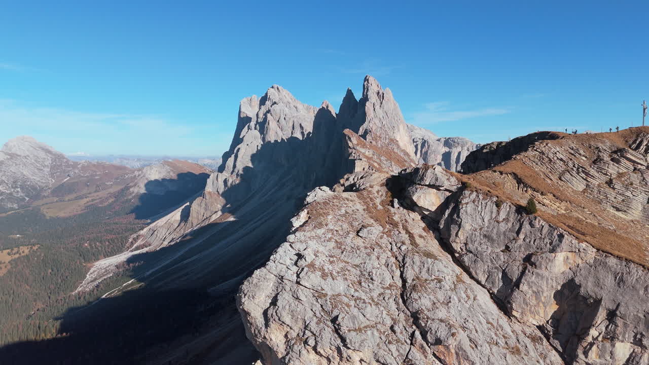 Impressive dolomite cliffs of Seceda ridgeline in Bolzano, South Tyrol. Aerial