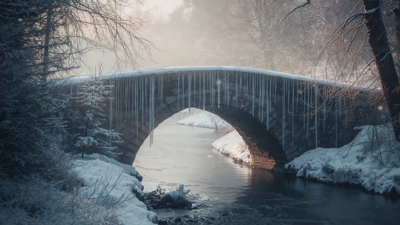 Increasing soft morning light bathing stone arch bridge at riverside, with icicles and drifting ice