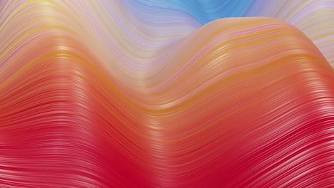 beautiful abstract background of waves on surface, red yellow color gradients, extruded lines as striped fabric surface with folds or waves on liquid. 4k loop. 45