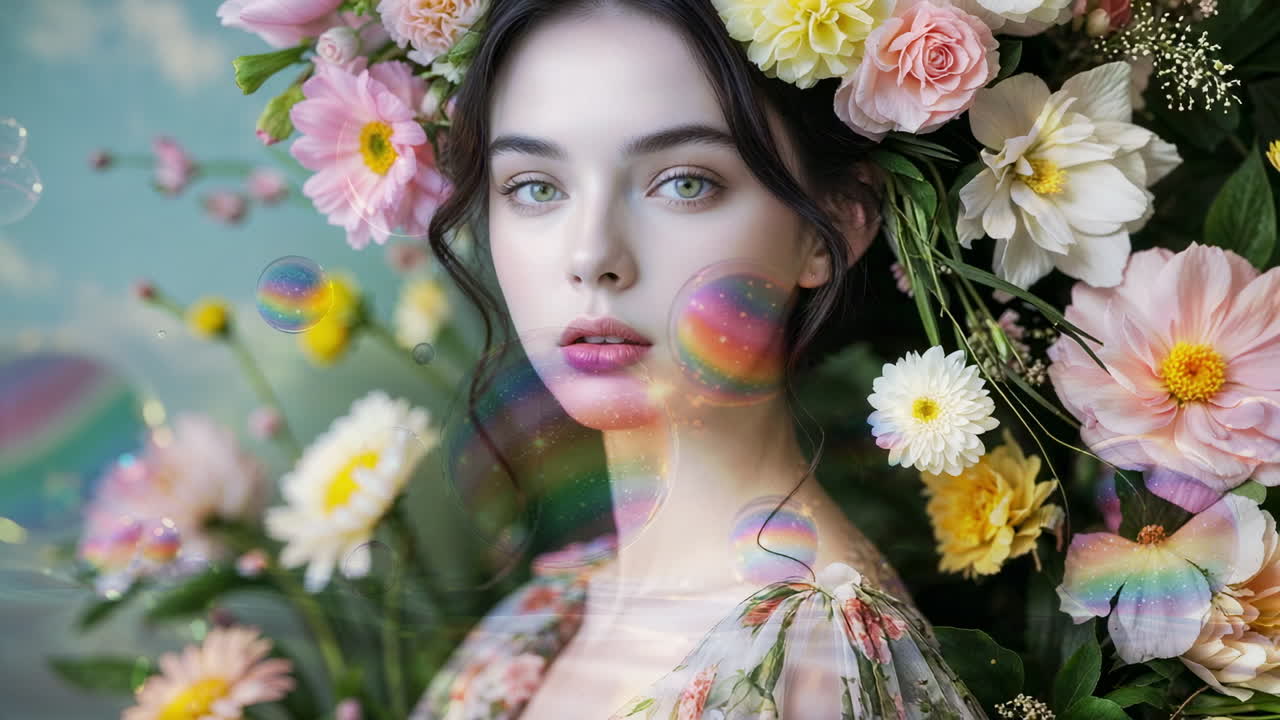 Femme éthérée avec couronne florale et bulles