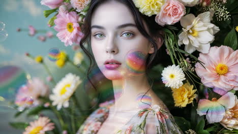 ethereal woman with floral crown and bubbles