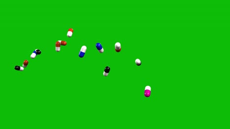 pills of various colors thrown from the side and falling down, like jackpot, on green screen 3d animation