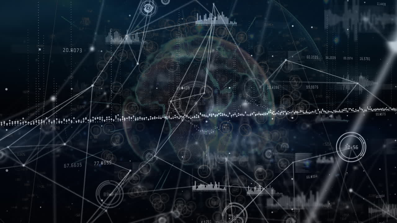 블랙 배경 위의 연결 네트워크와 데이터 처리의 애니메이션