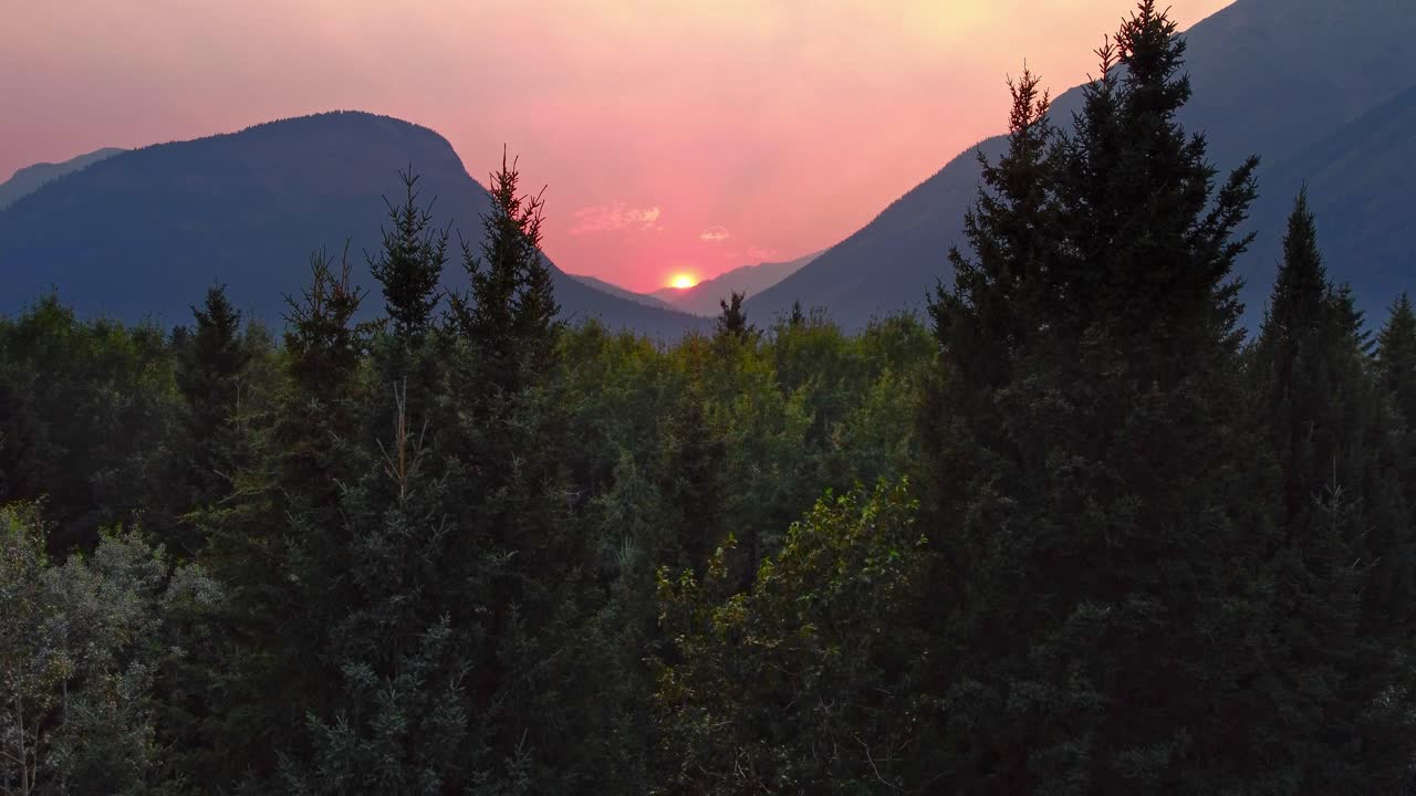 закат в горах за деревьями