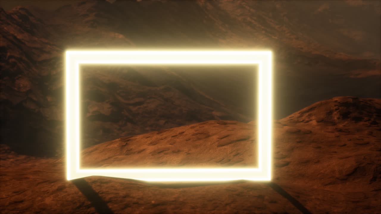 portal de neón en la superficie del planeta marte con el soplo de polvo