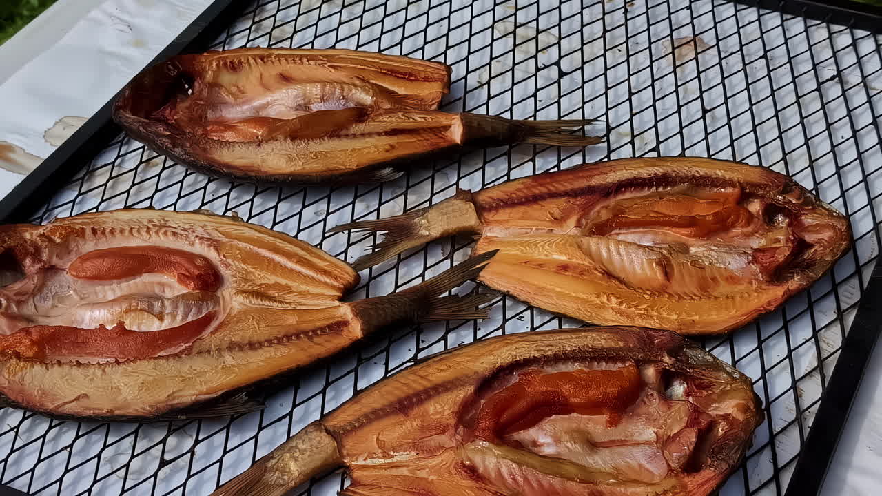 금속 건조망 위에 자연 신선한 건조한 물고기를 가져가는 장갑을 입은 사람