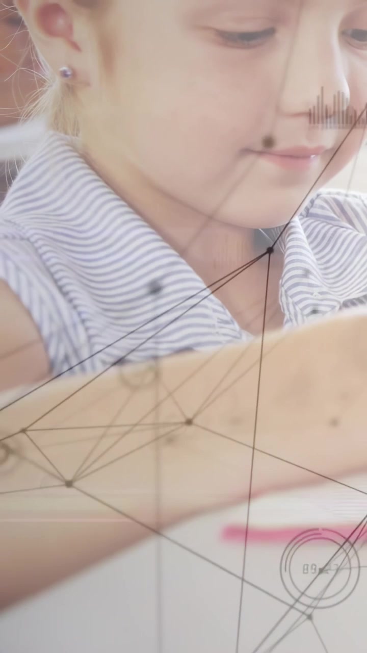 Vertical video: Student placing pencil on paper, writing while HUD overlays showing study progress