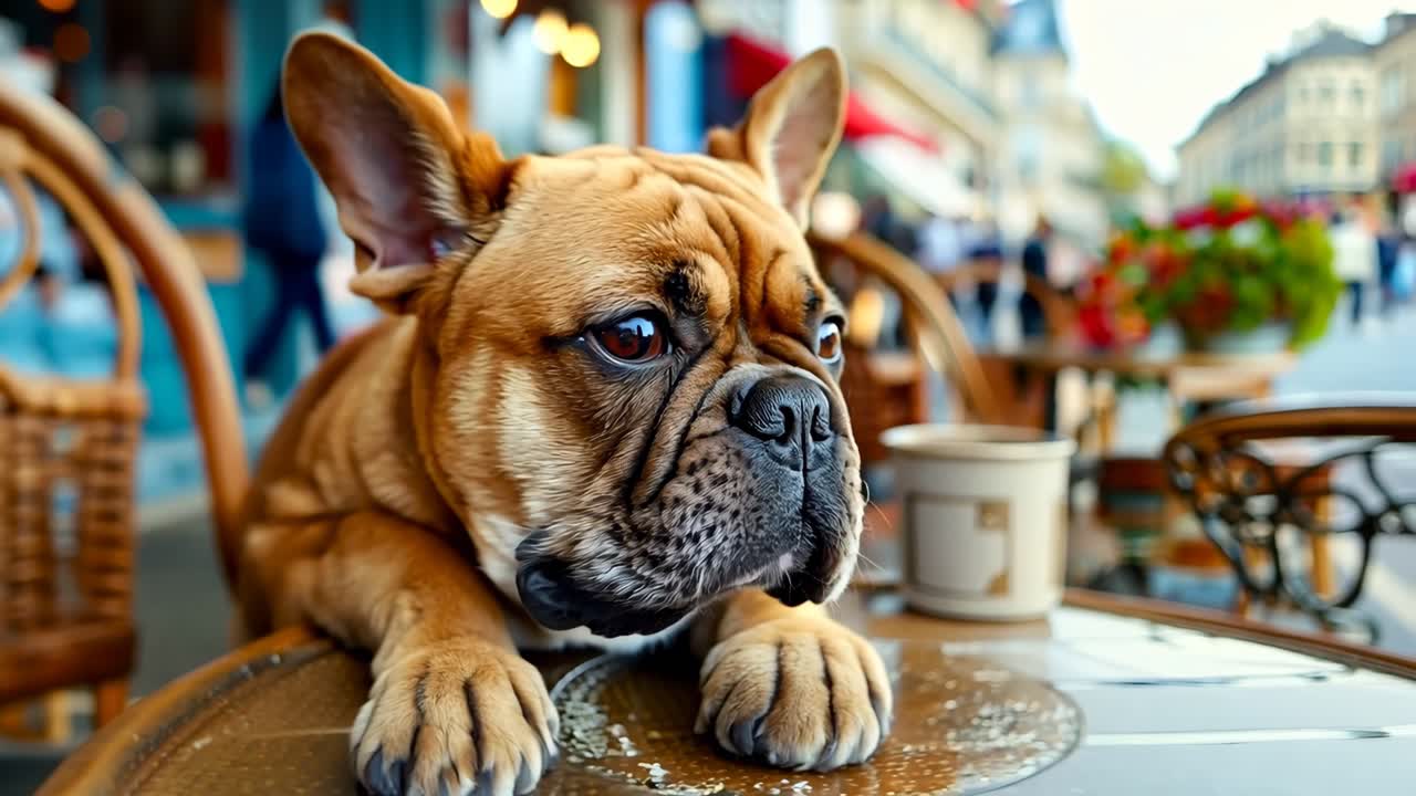 un perro acostado en la parte superior de una mesa al lado de una taza de café