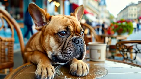 a dog laying on top of a table next to a cup of coffee