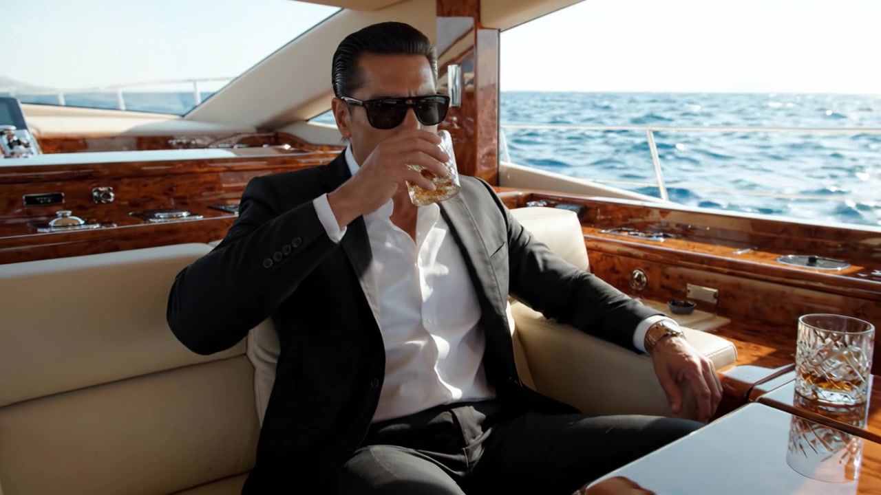 Un Hombre Sofisticado Disfrutando de una Fina Bebida a Bordo de un Yate de Lujo, Capturando Momentos de Elegancia y Relajación en Medio de una Amplia Vista al Océano.