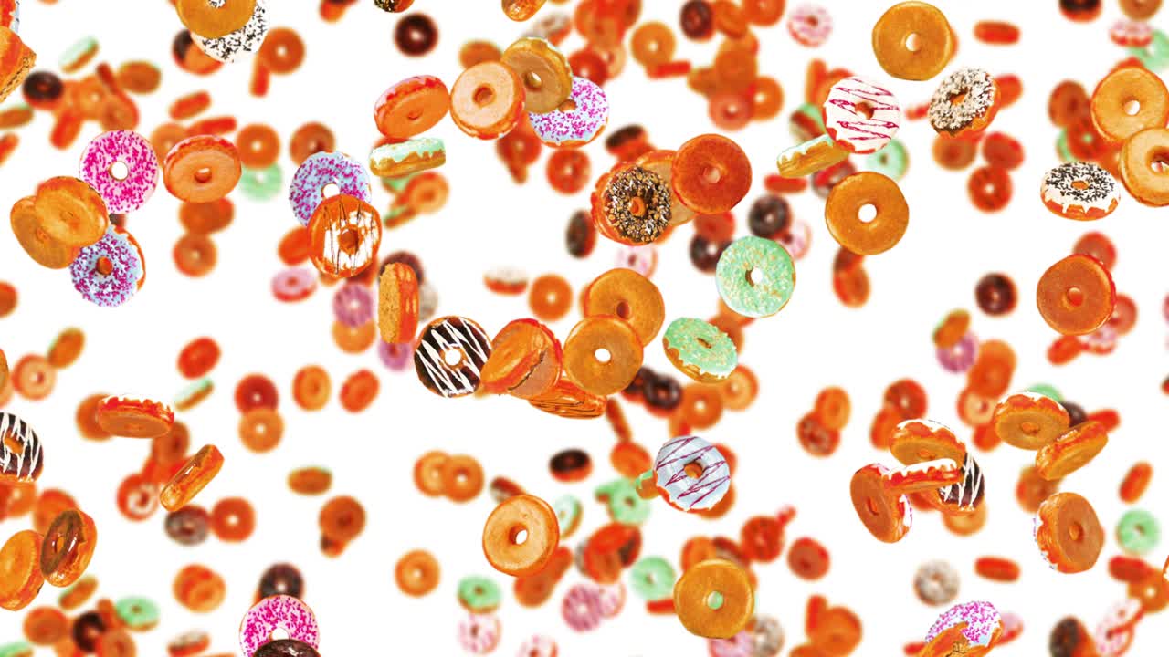 색 배경에 많은 다채로운 도을 날아. 도 케이크, 과자, 디저트. 도 회전의 3d 애니메이션. 루프 애니메이션.