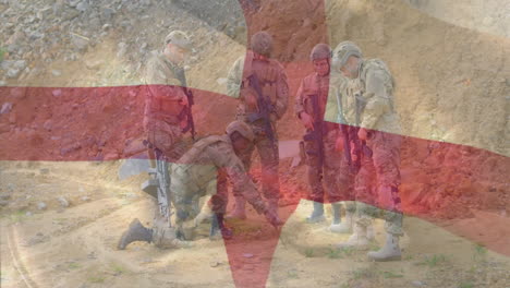 soldiers in military gear with england flag animation over them