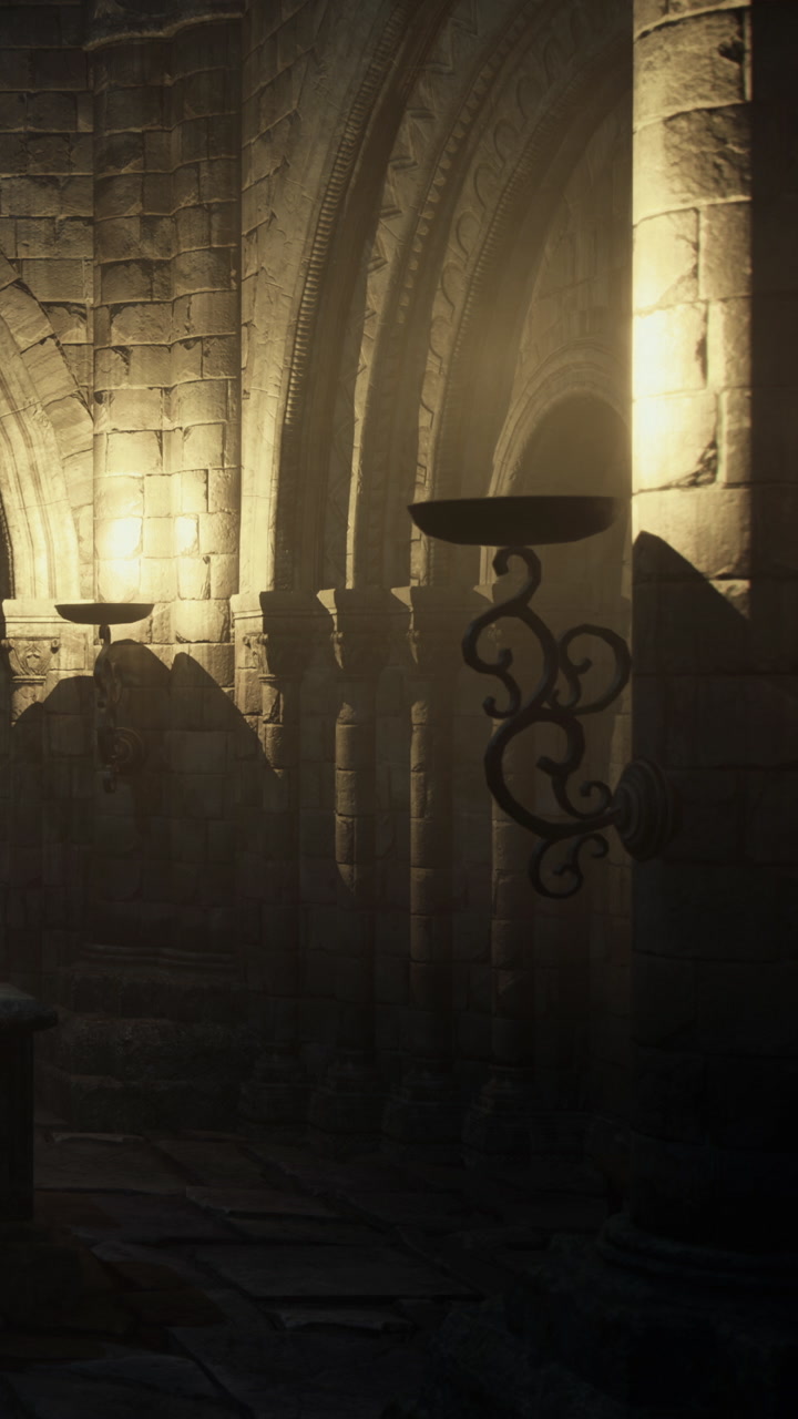 Light and shadows in an ancient stone hall with candle holders and walls