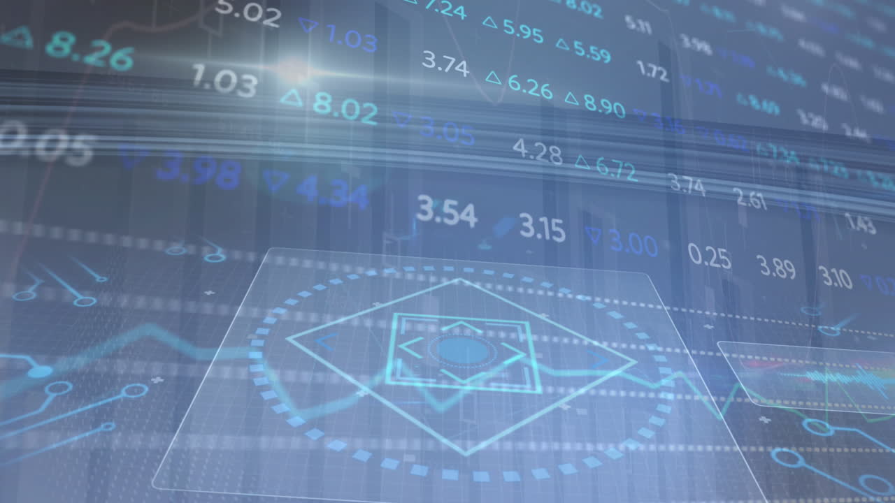 파란색 배경에 금융 데이터 처리에 대한 범위 스캐닝의 애니메이션