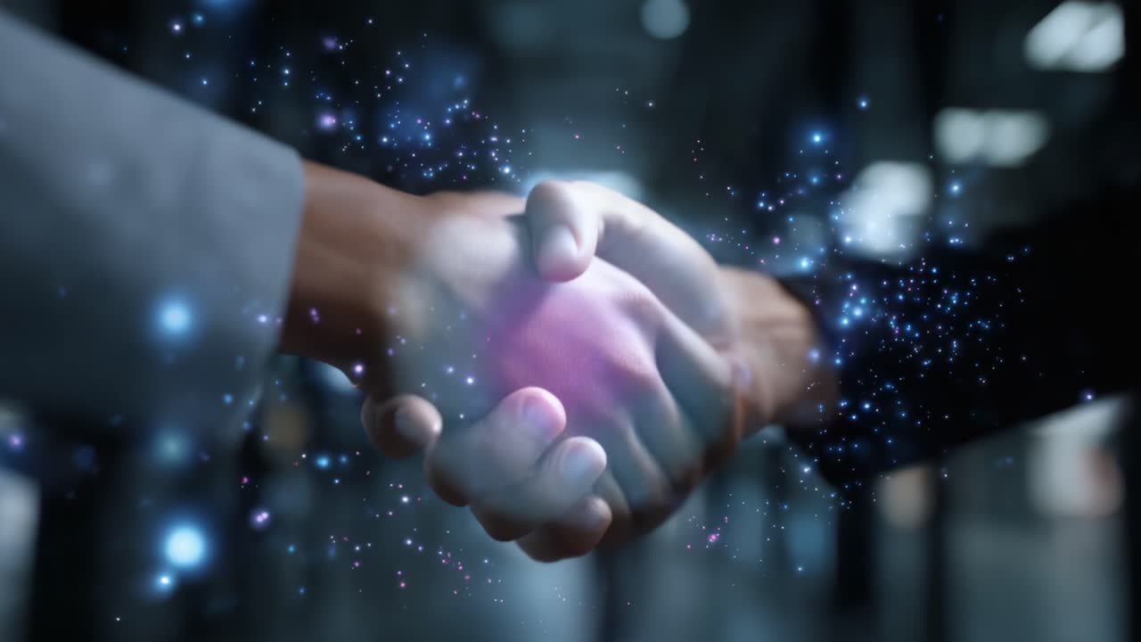 A Symbol of Agreement: Two Hands Shaking Firmly in a Digital Environment, Representing Partnership, Collaboration, and Unity with a Touch of Modern Technology