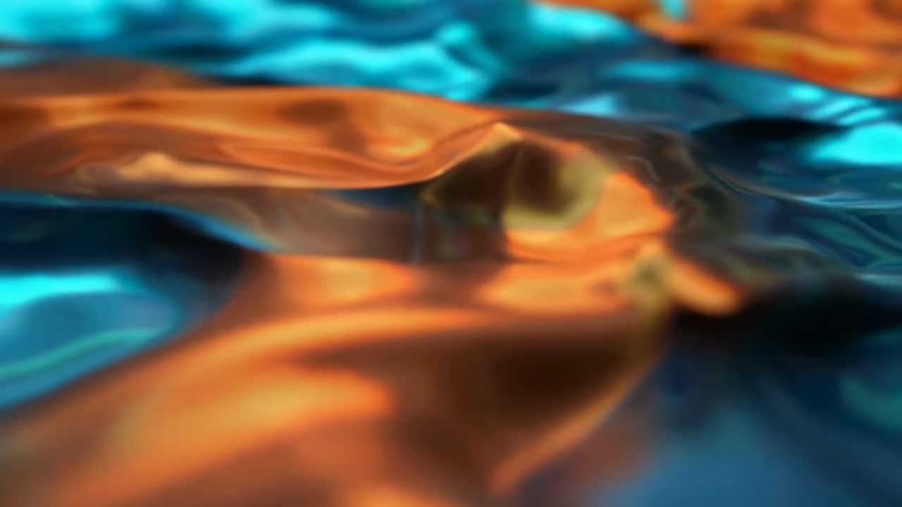 Abstract video of flowing metallic liquid, close-up angle, vibrant orange and blue hues
