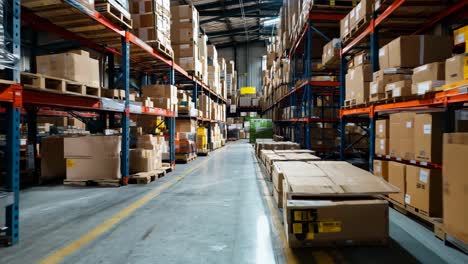 narrow aisle in a bustling warehouse filled with stacked cardboard boxes