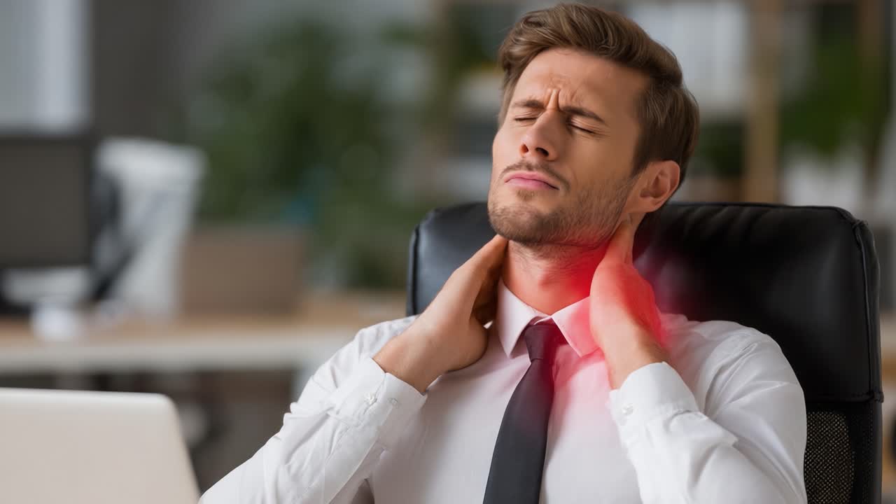A Professional Man Struggling with Neck Pain During Work Hours: A Visual Representation of Discomfort in the Modern Workplace Environment