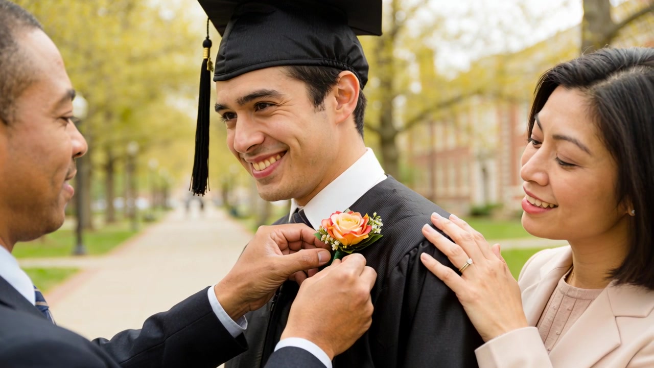 Padre che appunta una boutonnière sul laureato in toga e tocco per la cerimonia nel cortile universitario, con la madre che lo sostiene
