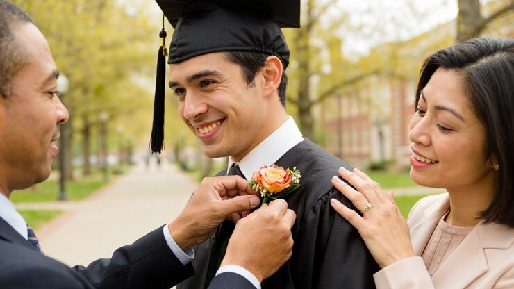 Reaching father pinning boutonniere onto grad in gown cap for ceremony on quad, mother supporting