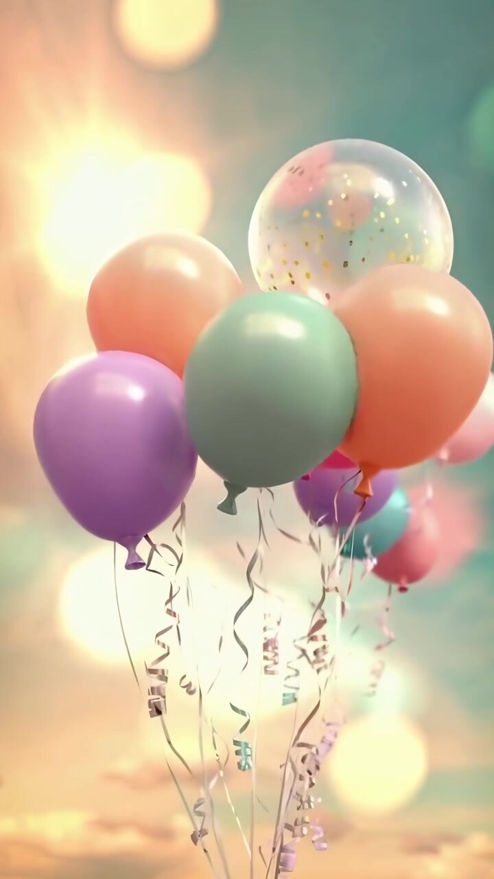 Palloncini colorati da festa che fluttuano verso l'alto in un cielo sognante