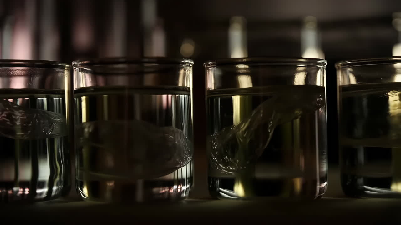 Four glasses with clear liquid and submerged transparent objects