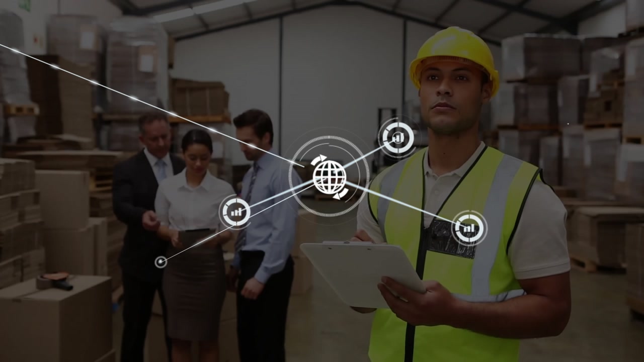 Supervisor tapping tablet initiating animated data icons overlaying shelves for logistics review