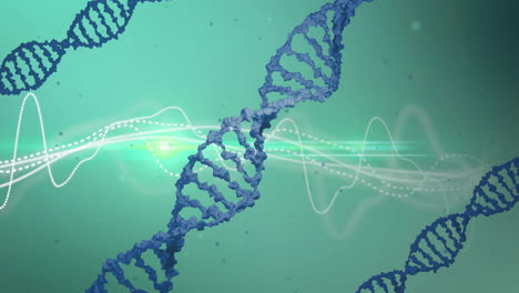 animación de cadenas de adn, rastros de luz y procesamiento de datos sobre fondo verde