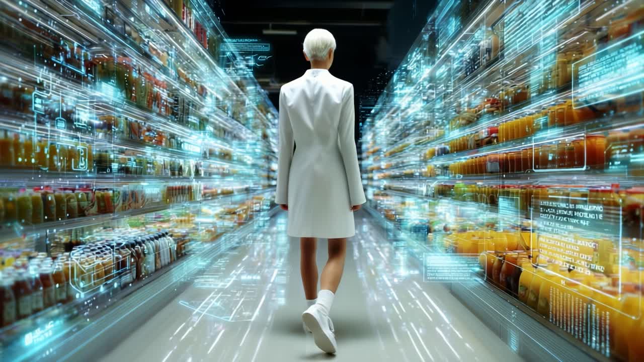 A futuristic and high-tech grocery store experience, showcasing a person in a sleek white outfit as they navigate aisles filled with data-driven packaging and vibrant drink products