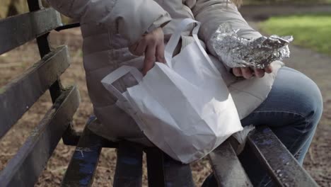 Eating-a-healthy-packed-lunch-of-sandwich-and-orange-juice-on-park-bench