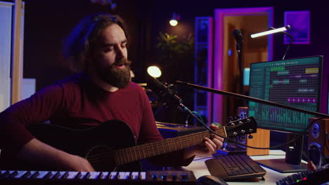 songwriter producing tunes on acoustic guitar in his personal studio