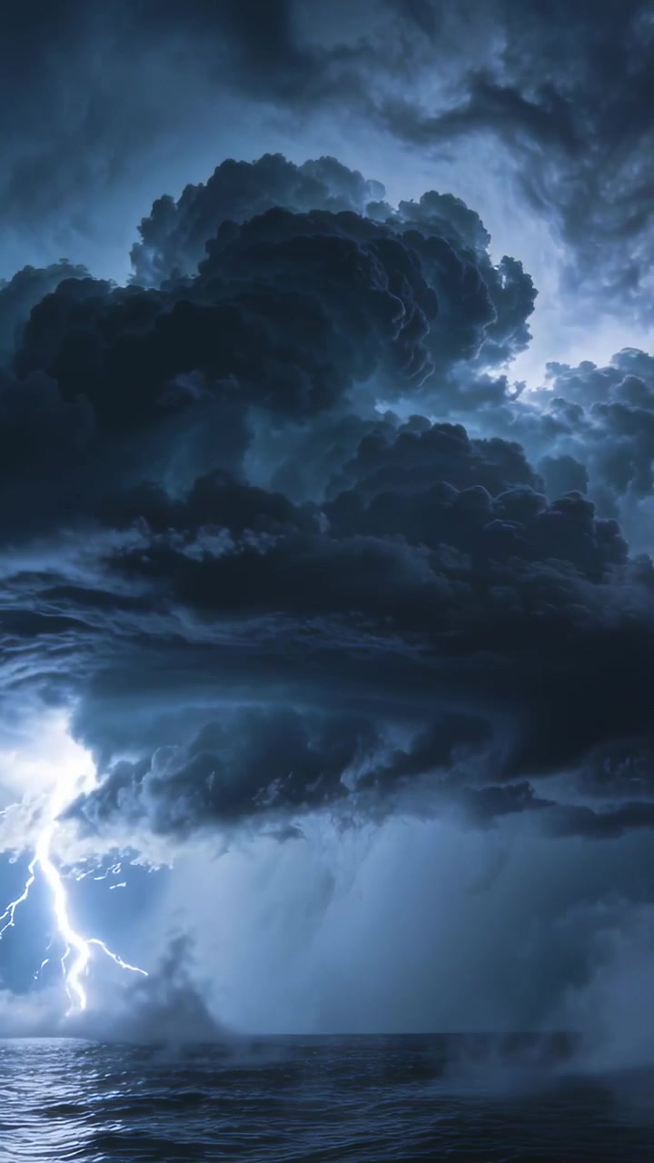 Vertical video: Rising huge storm cloud filling sky over sea, lightning flashing and rain falling