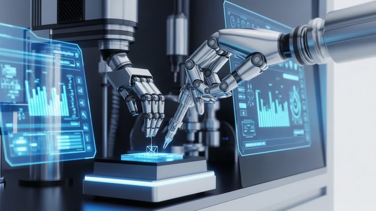 A Futuristic Interaction: Robotic Hands Engaging with Advanced Technology and Data Interfaces in a Sophisticated Environment