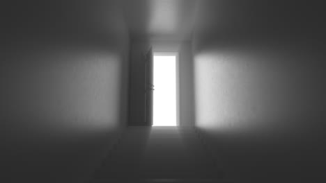 shine of an open door with steps in a dark corridor