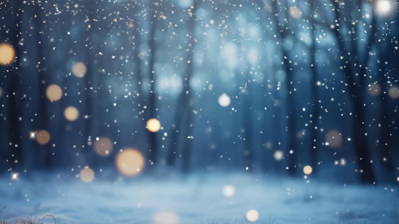 Blurred winter forest scene with falling snowflakes, captured from a low angle, ideal for video