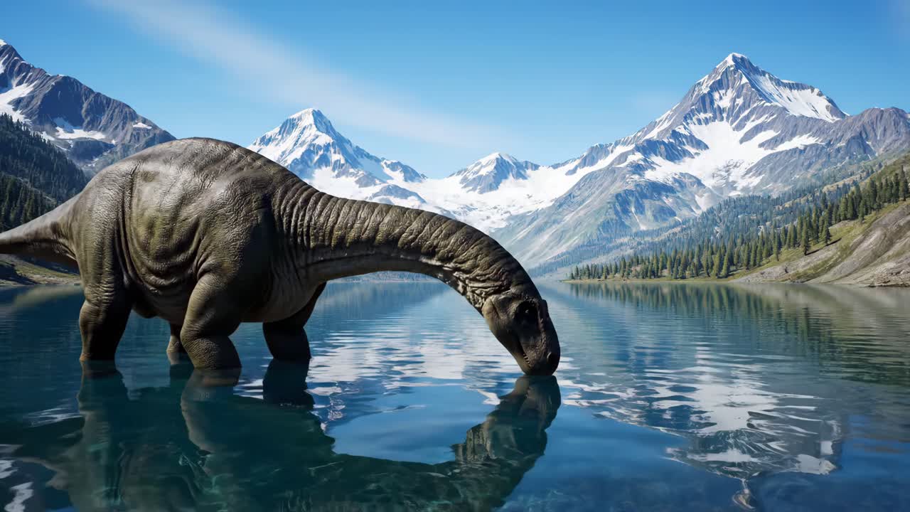Dinosaur Drinking Water in Mountainous Landscape