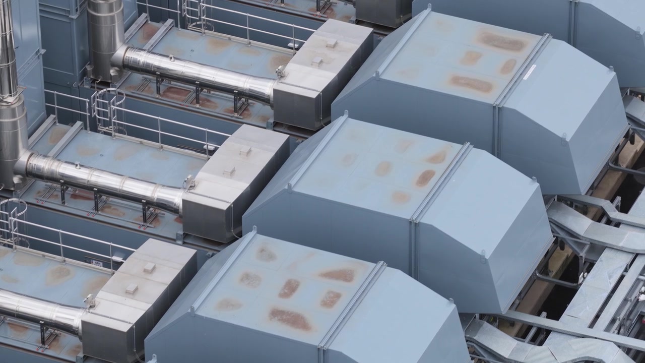 Large industrial generators on this data center roof provide constant power and cooling for servers during the day.