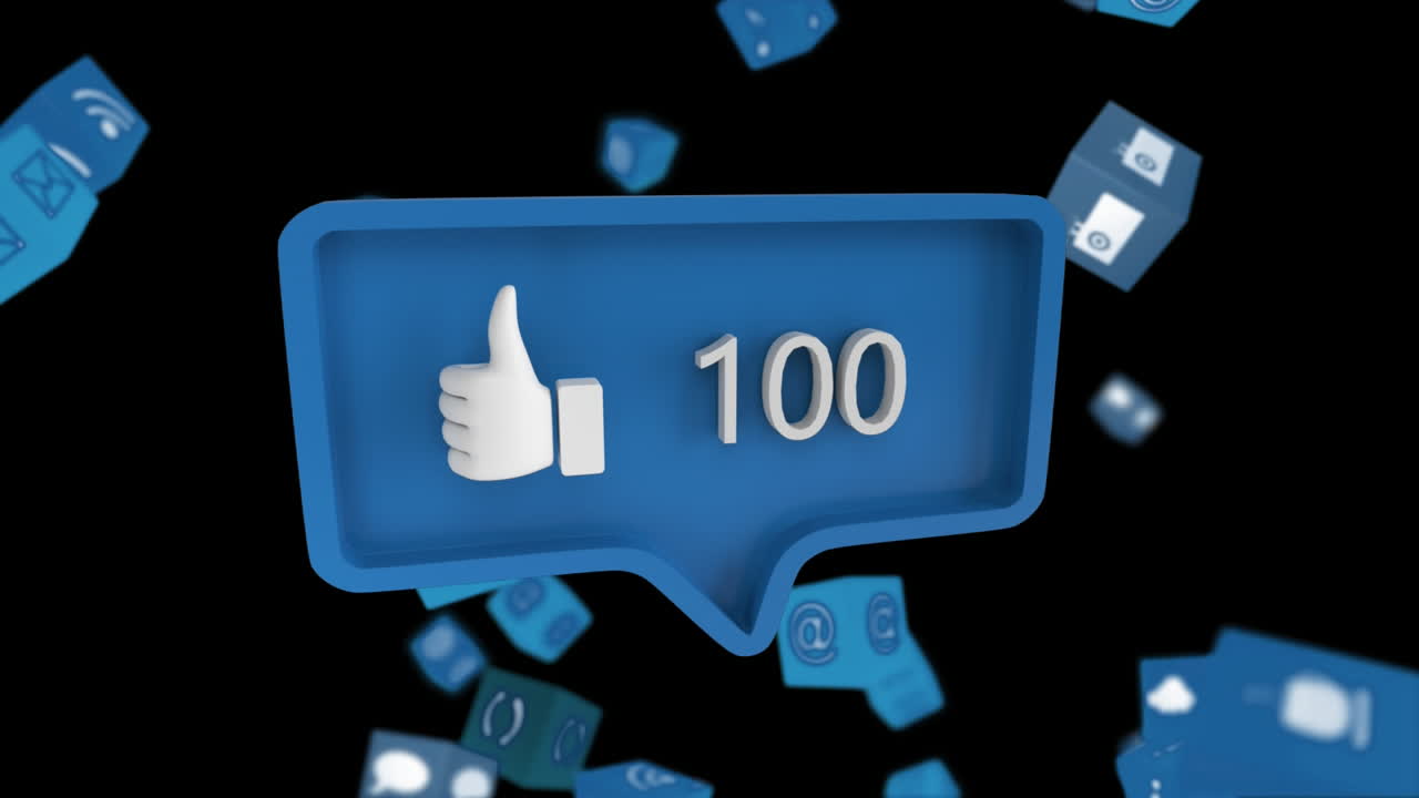 Numeri in aumento con icona del pollice in su su sfondo di icone digitali in movimento