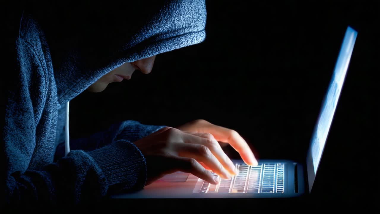 An Intriguing Glimpse into Cyberworld: A Mysterious Figure Engaged in Deep Focus, Illuminated by Laptop Screen Light in a Darkened Environment