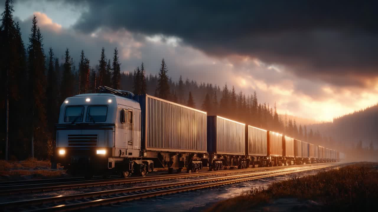 A majestic freight train travels through a stunning landscape at sunset, with dark clouds overhead and towering trees lining the tracks, showcasing the beauty of nature and transportation