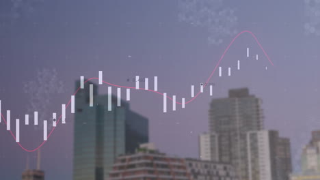 animation of financial data processing over cityscape