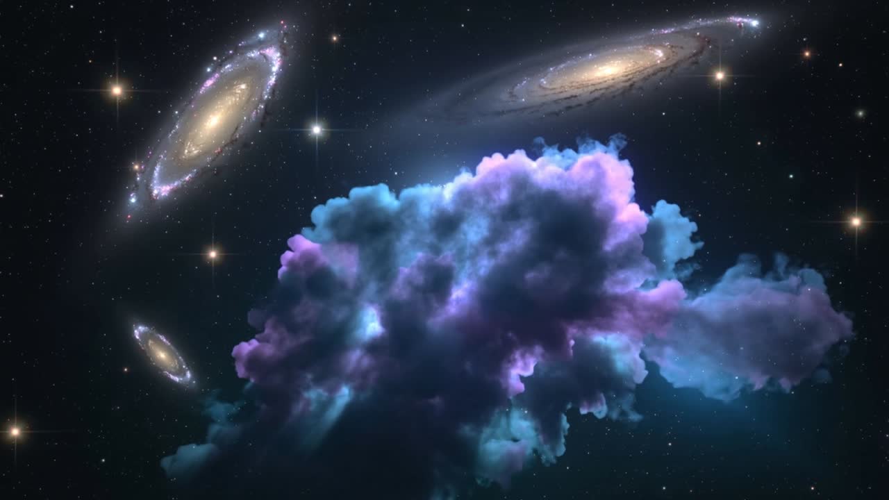 Nuvem brilhante semelhante a uma nebulosa expandindo-se, emitindo feixes de luz descendentes em um campo estelar com galáxias espirais.